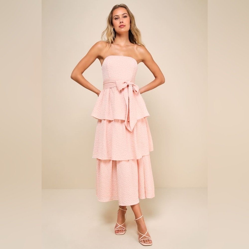 Lulus Truly Marvelous Blush Pink Jacquard Strapless
Tiered Midi Dress